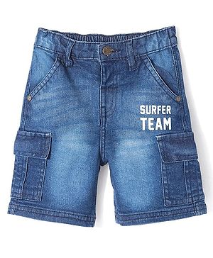 Babyhug Above Knee Length Stretchable Denim Bermuda With Text Print - Blue
