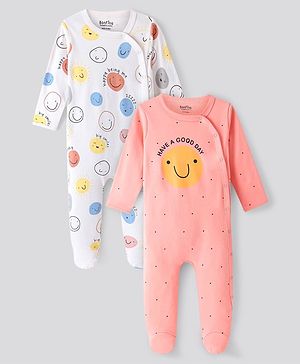 Bonfino 100% Cotton Full Sleeves All Over Printed Sleepsuits Pack Of 2 - White & Coral