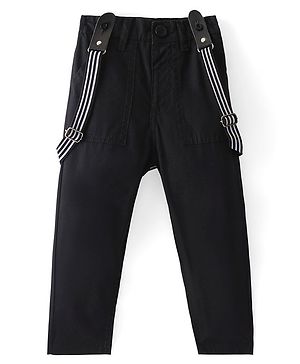 Babyhug Cotton Lycra Full Length Pants with Suspenders - Black