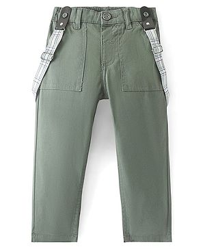Babyhug Cotton Lycra Woven Full Length Trouser  with Suspender & Stretch Solid Colour - Olive Green