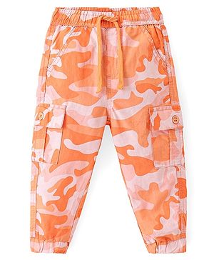 Babyhug Cotton Lycra Full Length  Trousers Camouflage Print - Orange