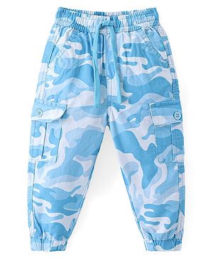 Babyhug Cotton Lycra With Stretch Woven Full Length Trousers With Camo Print - Blue