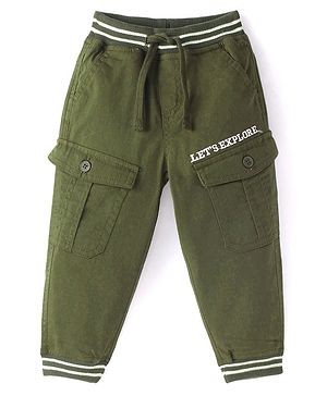 Babyhug Cotton Woven Full Length Stretchable Trouser with Text Print - Olive Green