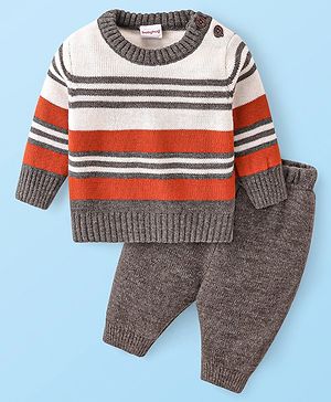 Babyhug Knitted Full Sleeves Striped Pullover Sweater Set - Grey