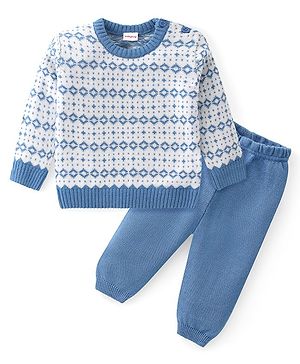 Babyhug Knit Full Sleeves All Over Design Sweater & Pant Set - Blue