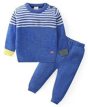 Babyhug Knit Full Sleeves Striped Sweater & Pant Set - Blue