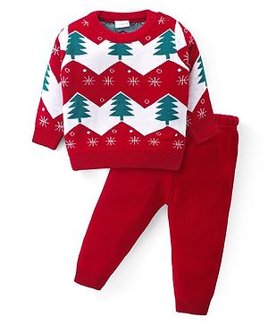 Babyhug Knitted Full Sleeves Sweater Set with Christmas Tree Design - Red