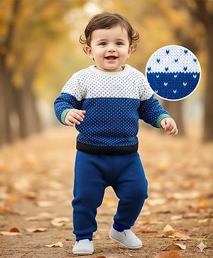 Babyhug Knitted Full Sleeves Colourblock Sweater Set  - Blue White & Green