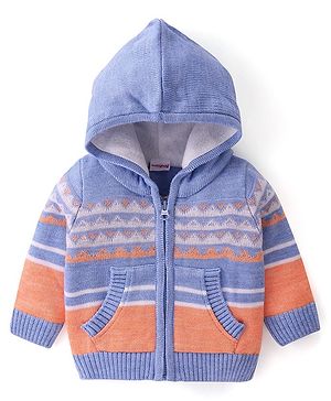 Babyhug Knitted Full Sleeves Front Open Hooded Sweaters with Stripes Design & Kangaroo Pockets - Multicolour