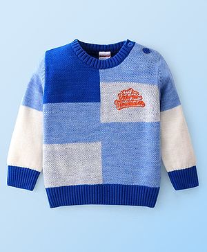 Babyhug Knitted Full Sleeves Color Blocked Sweater Text Embroidery - Blue