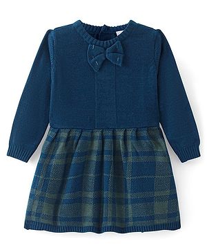 Babyhug Knitted Full Sleeves Woollen Dress with Checks Design & Bow Applique - Navy Blue