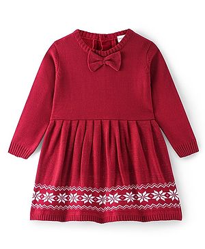 Babyhug Knitted Full Sleeves Woolen Dress with Floral Design - Red