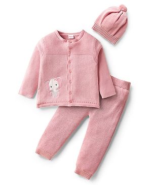 Babyhug Cotton Knit Full Sleeves Sweater Set with Cap & Elephant Applique Embroidery - Light Pink