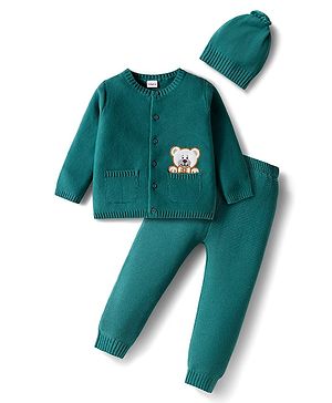 Babyhug Cotton Knit Full Sleeves Front Open Sweater Set with Bear Patch & Cap - Teal Blue