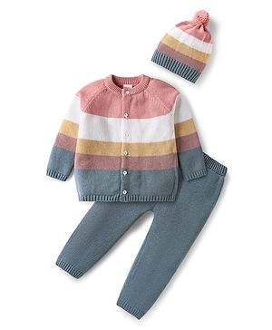 Babyhug Cotton Knit Full Raglan Sleeves Front Open Sweater Set With Stripes & Cap - Multi Colour