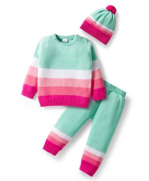 Babyhug Cotton Knit Full Sleeves Pullover Sweater Set with Cap & Color Block - Multicolor