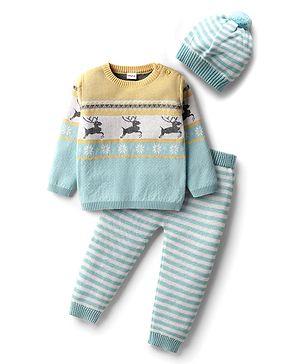 Babyhug Cotton Knit Full Sleeves Striped Sweater Set with Cap & Dear Design - Light Blue