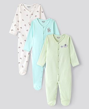 Bonfino 100% Cotton Full Sleeve Sleep Suits  With Animal Print Pack Of 3-Mint White & Green