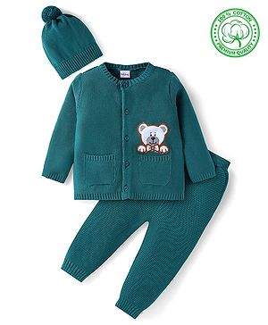 Babyhug Knitted Full Sleeves Front Open Sweater Set with Cap & Teddy Embroidery - Teal Blue