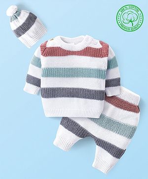 Babyhug Cotton Knit Full Sleeves Striped Pullover Sweater Set With Cap - White