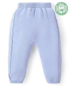 Babyhug Knit Full Length Fleece & Woollen Pant with Cable Knit Design Solid Colour - Blue
