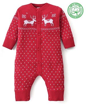 Babyhug Cotton Sweater Knit Full Sleeves Winter Wear Romper with Reindeer Design - Red