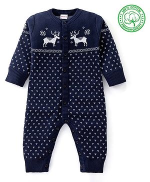 Babyhug Knitted Full Sleeves Winter Wear Romper With Christmas Theme -Navy Blue