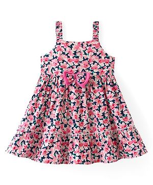 Babyhug 100% Cotton Knit Sleeveless  Frock With Floral Print & Bow Applique- Blue