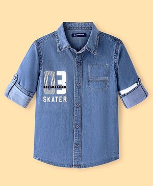 Pine Kids Denim Full Sleeves Washed Shirt With Text Print - Navy Blue
