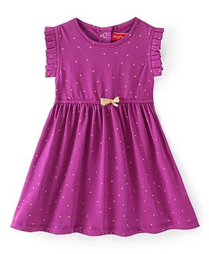 Babyhug  Cotton Jersey Knit Frill Sleeves Shimmered Frock with Bow Detailing - Fuschia