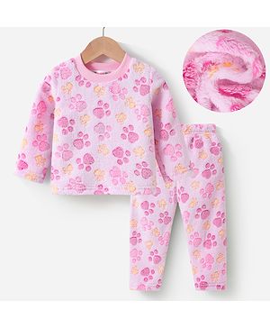 Kookie Kids Full Sleeves Winter Night Suit with Paw Design Pocket  - Pink