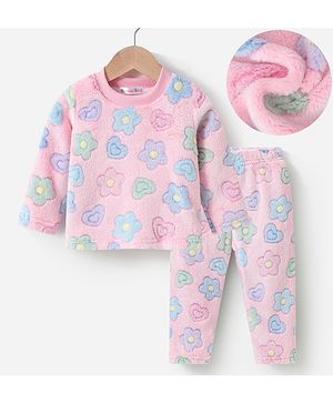 Kookie Kids Full Sleeves Winter Night Suit with Floral Print Pocket  - Pink