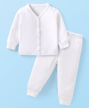 Babyhug Full Sleeves Solid Colour Front Open  Thermal Vest & Pant Set - Off White
