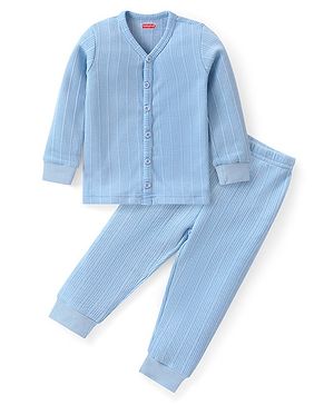 Babyhug Full Sleeves Solid Front Open Vest & Leggings Set - Blue