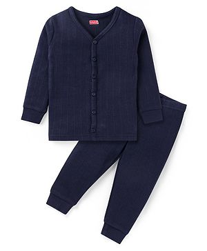 Babyhug Full Sleeves Solid Color Front Open Thermal Vest & Legging Set - Navy Blue