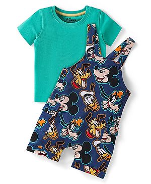 Babyhug Disney Cotton Knit Half Sleeves T-Shirt & Dungaree with Mickey Mouse Graphics - Navy Blue & Green