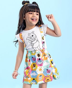 Babyhug Disney Cotton Jersey Half Sleeves Frock with Winnie the Pooh Graphics - Multicolour