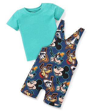Babyhug Disney Cotton Knit Dungarees with Half Sleeves T-Shirt Mickey Mouse Print - Blue