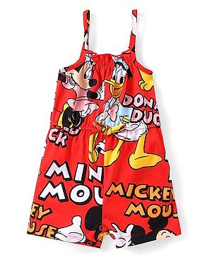 Babyhug Disney Cotton Knit Sleeveless Jumpsuit With Minnie Mouse Print - Red