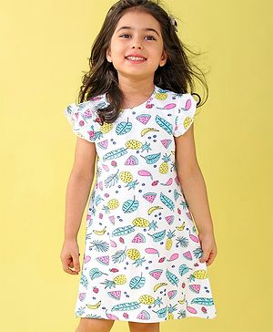 Babyhug Cotton Knit Cap Sleeve Nighty With Fruit Print - White