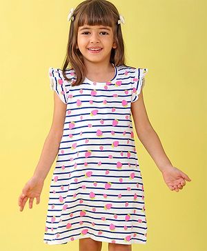 Babyhug Cotton Knit Cap Sleeve Nighty With Strawberry Print - White