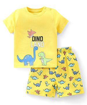 Babyhug Single Jersey Knit Half Sleeves Dino Printed Night Suit - Yellow