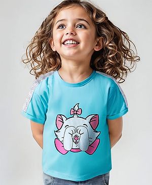 Babyhug Disney Cotton Knit Half Sleeves Oversized Drop Shoulders T-Shirt with Sequinned Detailing & Marie Graphic - Blue