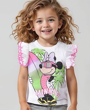 Babyhug Disney Cotton Knit Frill Sleeves T-Shirt with Minnie Mouse Graphics Print and Glitter Graphics - White