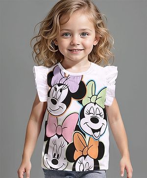 Babyhug Disney Cotton Knit Frill Sleeves Top  with Frill Detailing Minnie Mouse Graphics - White