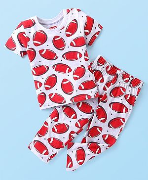 Babyhug Cotton Knit Half Sleeves Night Suit Rugby Ball Print - Grey