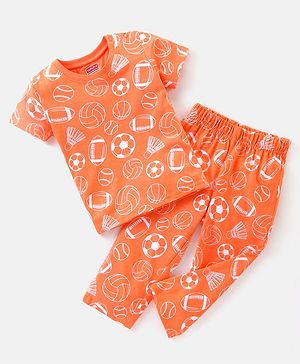 Babyhug Cotton Knit Half Sleeves Night Suit Football Print - Orange