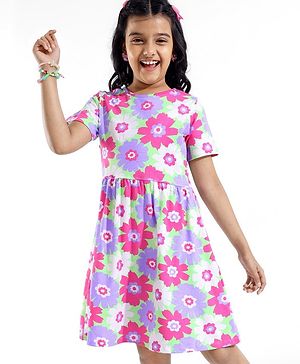 Pine Kids Cotton Knit Half Sleeves Frock with Floral Print - Green