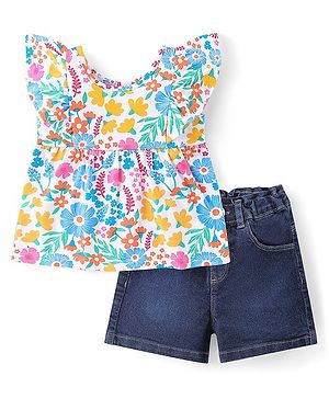 Babyhug Single Jersey Knit Cap Sleeve Top With Floral Print & Denim Shorts Set - Multicolor