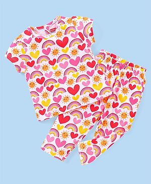 Babyhug Single Jersey Knit Half Sleeves Night Suit Heart Print - Pink